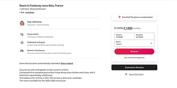 Airbnb listing page with AirSome summarize button